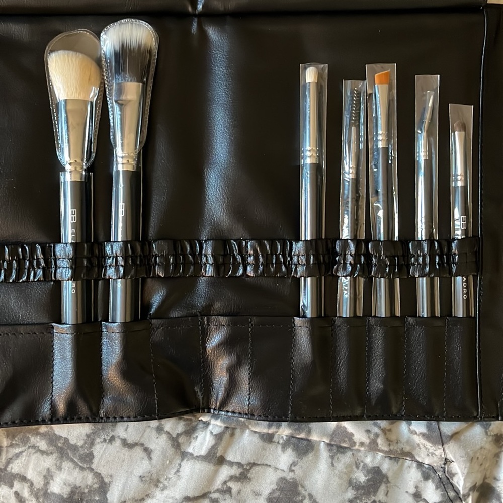 Elaina Badro 7 brush set with black leather travel pouch